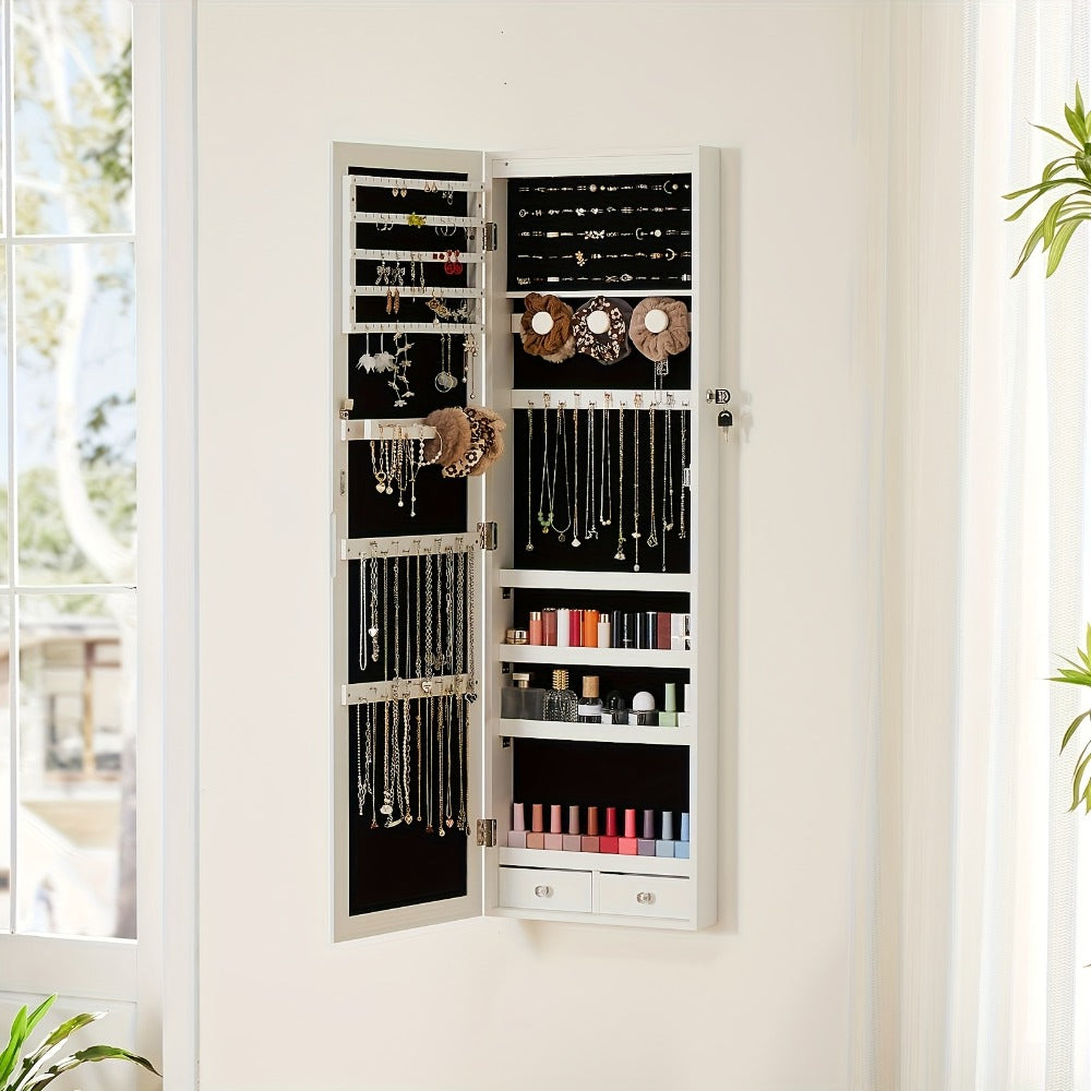 Jewelry Armoire Floor Standing 47.2¡± Full-Length Mirror Cabinet with 6 LED Lights Dual Lock, Jewelry Organizer for Necklaces Earrings Rings Bracelets, Bedroom Closet Storage 4 Colors