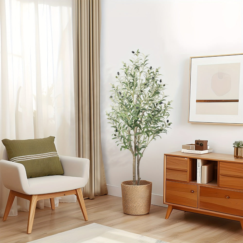 Artificial Olive Tree 4/5/6/7 Ft Tall Faux Potted Plant with Realistic Silk Leaves & Fruits for Living Room Home Decor Indoor Outdoor - Maintenance Free Decorative Tree Housewarming Gift
