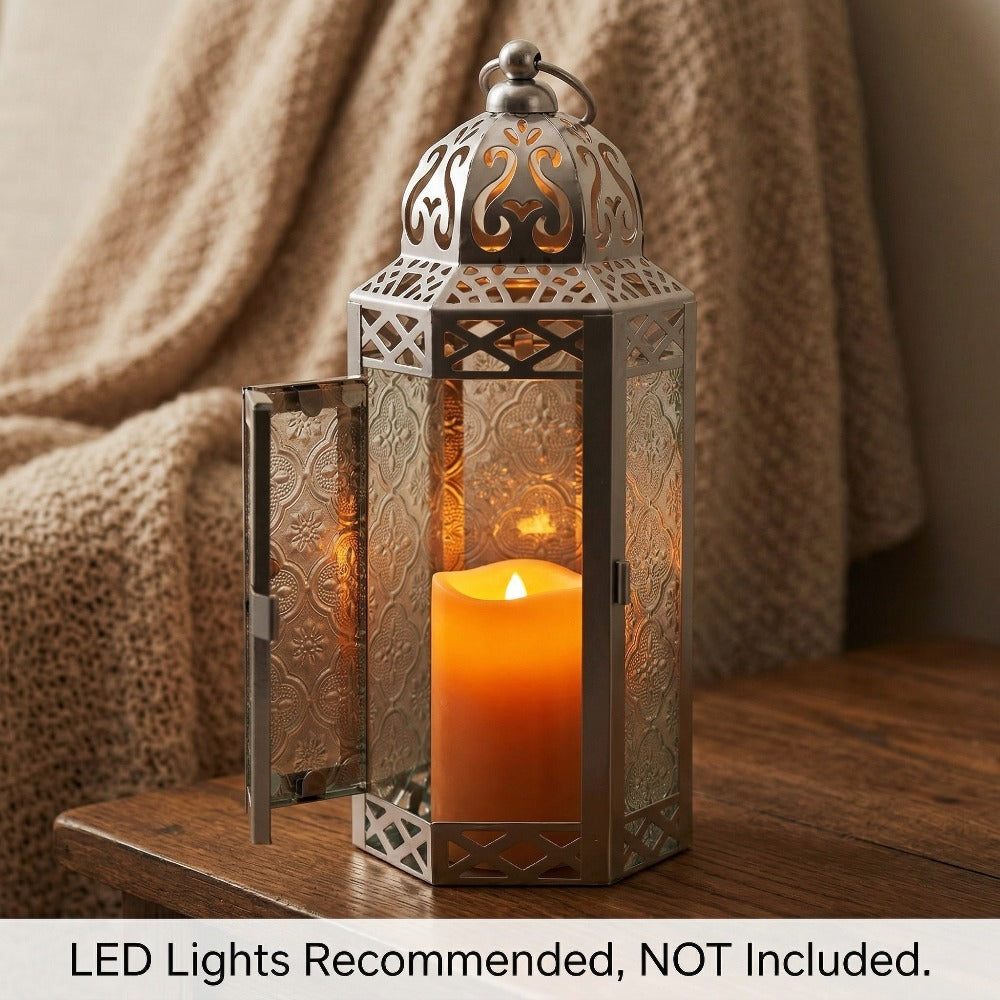 Moroccan Candle Lantern Holder - Decorative Metal & Glass Lantern with Embossed Floral Design for Indoor Home Decor, Garden, Patio, Weddings, Ramadan, Halloween & Holiday Celebrations - 10.5¡± Tall Medium Size