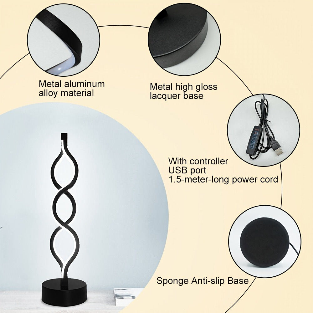 Spiral LED Table Lamp ¨C Modern Minimalist Wave Dimmable Desk Lamp, 3 Color Temperatures, USB Charging, Metallic Base, Creative Curved Night Light for Bedroom Living Room Office Study (1pc / 2pc / Wooden)