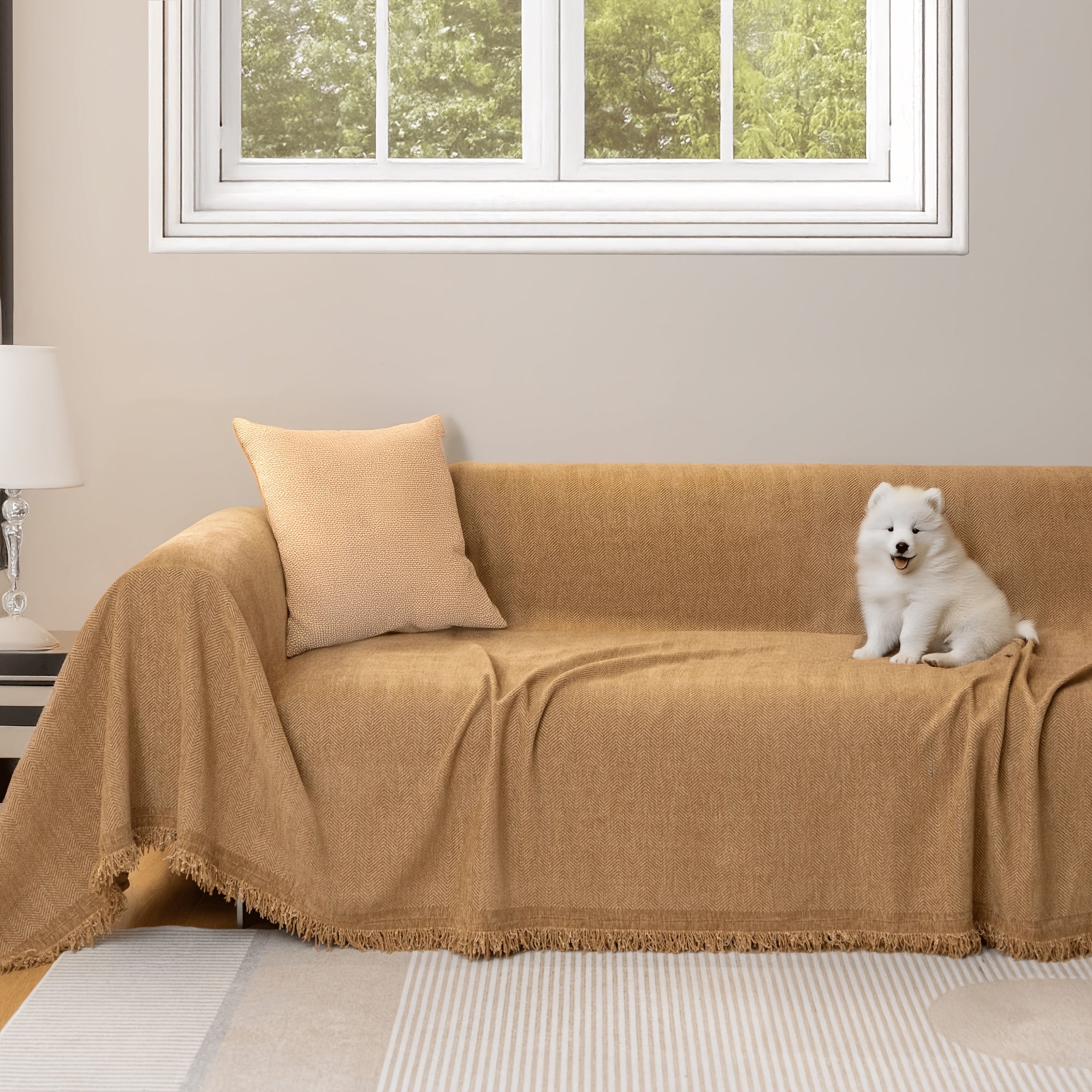 Couch Cover Throw Chenille Fringe Extra Large - Pet Friendly Scratch Proof Non-Slip Washable Polyester Sofa Protector | 3 Seat 71x102in 4 Seat 71x134in | Beige Gray Brown | Living Room Multipurpose