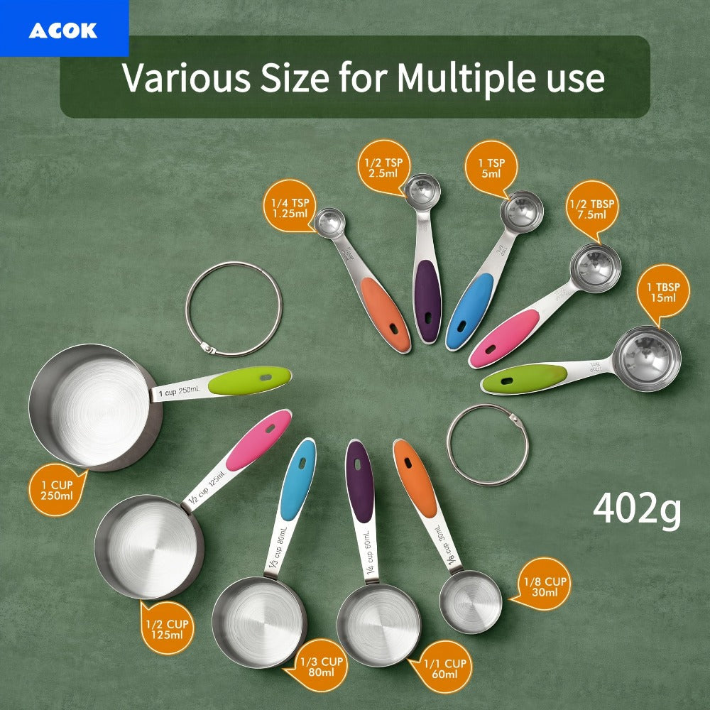 Stainless Steel Measuring Cups and Spoons Set 5pcs with Silicone Handle - Baking & Cooking Kitchen Measurement Tools