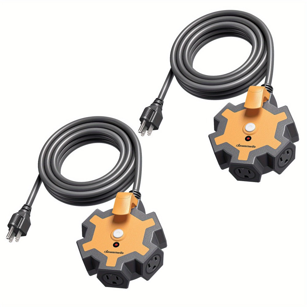Power Strip Heavy Duty 5-Outlet with 15ft Extension Cord - 15A Circuit Breaker, 14/3 AWG SJTW Cord, Swivel Safety Covers, Indoor Outdoor Use for Garage Workshop, 1-Pack & 2-Pack Available