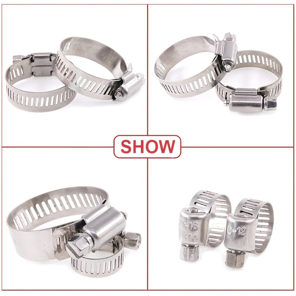 Stainless Steel Hose Clamps 100-Pack Assortment Kit - Multiple Universal Sizes Adjustable Hose Clips for Fuel Line Plumbing Automotive Garden Marine HVAC, Heavy Duty with Storage Case, Silver