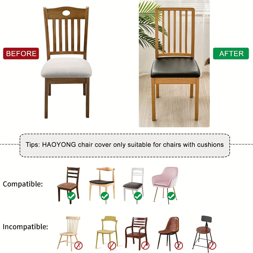 Waterproof PU Leather Dining Chair Cushion Covers Removable Stretch Seat Slipcovers for Dining Room Kitchen Hotel Set of 4 or 6