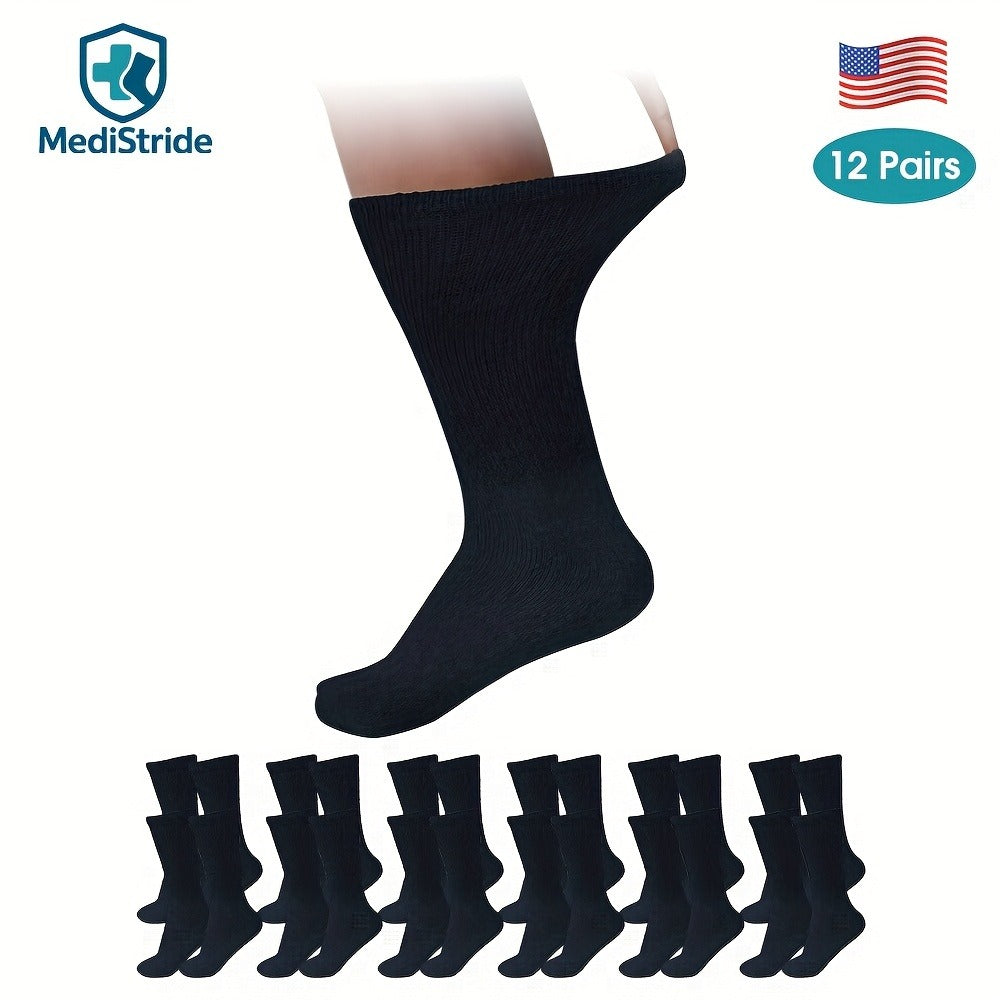 Cotton Diabetic Crew Socks 12 Pairs Non-Binding Neuropathy Loose Fit Seamless Cushioned Full Length for Men Women Edema Sensitive Feet White Black Brown Khaki Navy Grey