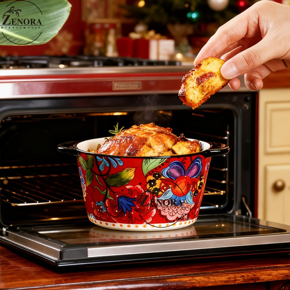 Giant Ceramic Extra-Deep Serving Bowl With Handles, 101oz, Bohemian Hand-Painted, Chip-Resistant, Microwave Dishwasher Oven Safe, Soup Salad Ice Cream Bowl, Family Kitchen Serving Set, Wedding Gift (2pcs)