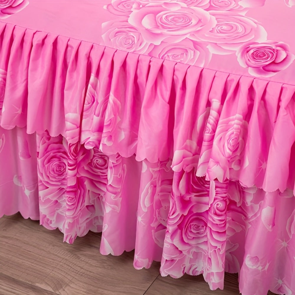 Floral Bed Skirt Set 3-Piece ¨C 1 Ruffled Dust Ruffle Bed Skirt + 2 Pillowcases | Peony & Botanical Print | Double-Layer Hem | Machine Washable Polyester Bedding | 150, 180 & 200cm
