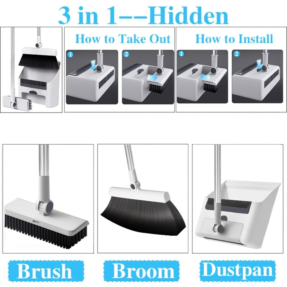 Broom and Dustpan Set 3-in-1 with Wiper - Non-Stick Hair Sweeper Household Floor Broom Combo for Indoor Outdoor Use - Ergonomic Handle Dustpan Broom Kit for Home Kitchen Office - White Pink Gray
