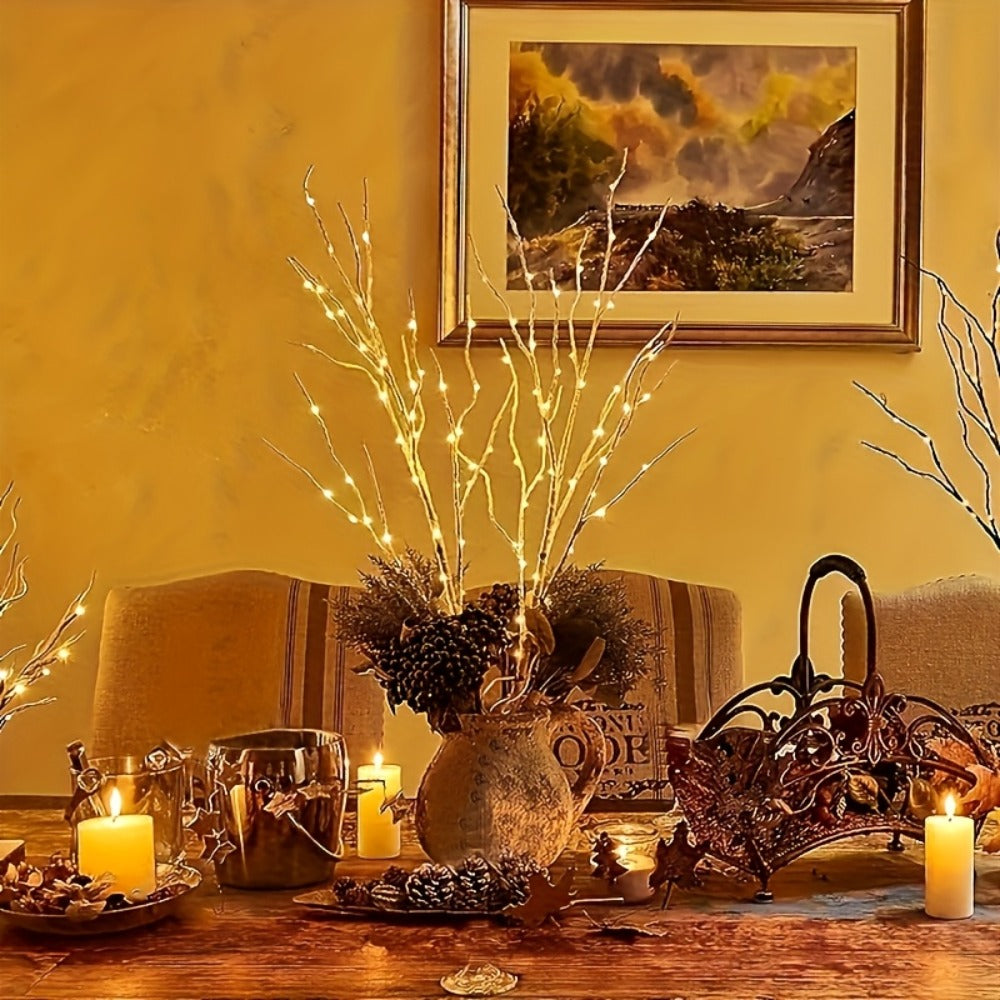 Birch Branch Lights Set of 2, Artificial Luminous Birch Tree Branches with Green Leaves & LED Fairy Lights ¡ª Battery Powered Indoor Decor for Christmas, New Year, Home & Reading Nook