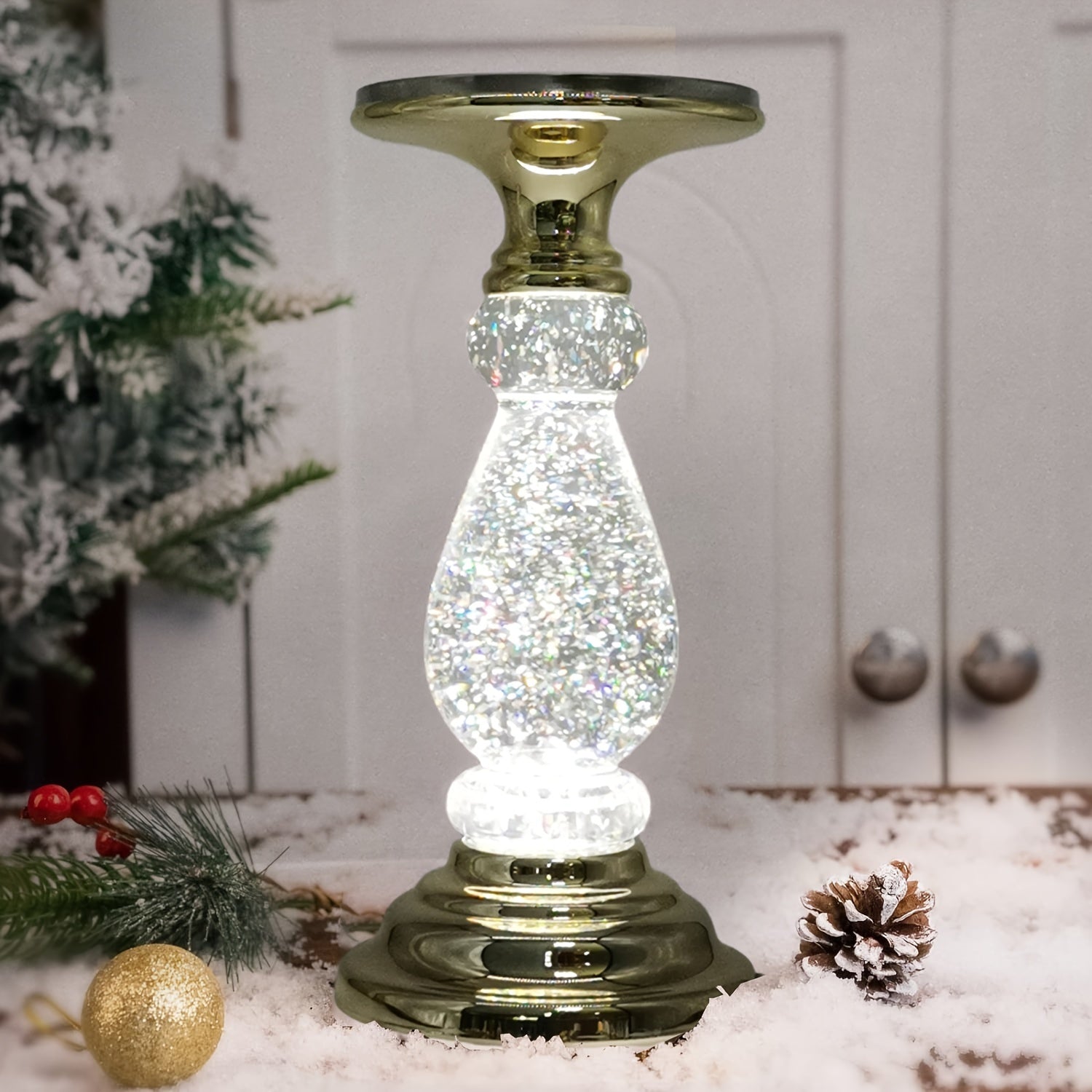 LED Swirling Candle Holder with On/Off Switch ¨C Polished Acrylic Pedestal Base Fits 3-Wick Candles Up to 4 Inch Silver Gold Centerpiece for Home Decor Wedding Table Holiday Christmas Gift