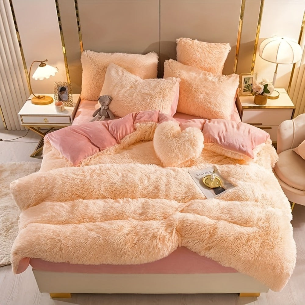 Faux Fur Duvet Cover Set Twin Queen King Super Soft Plush Comforter Cover with Pillowcases Heart Pillow for Kids Teens Machine Washable Bedroom Decor