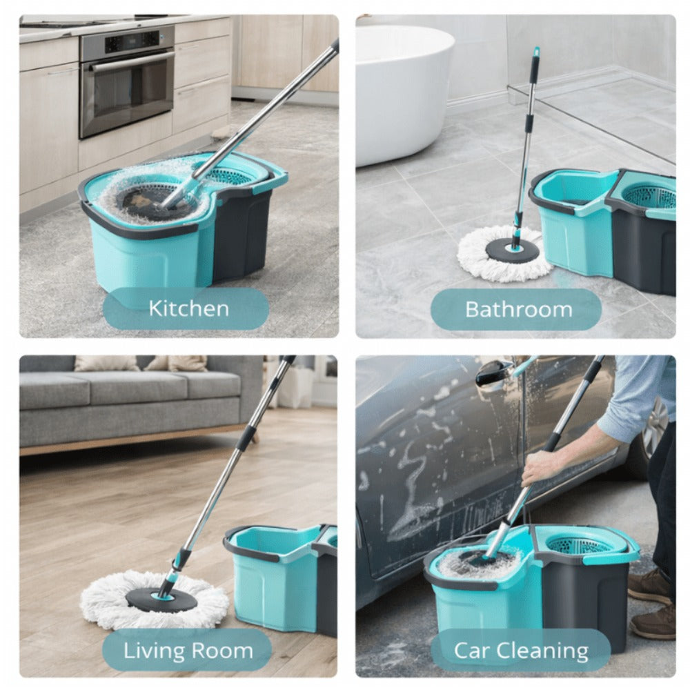 360 Spin Mop and Bucket Set with Wringer - Stainless Steel Extended Handle Spinning Mop Bucket System with Microfiber Mop Refills for Hardwood, Tile & Laminate Floor Cleaning, Black Blue Pink Red