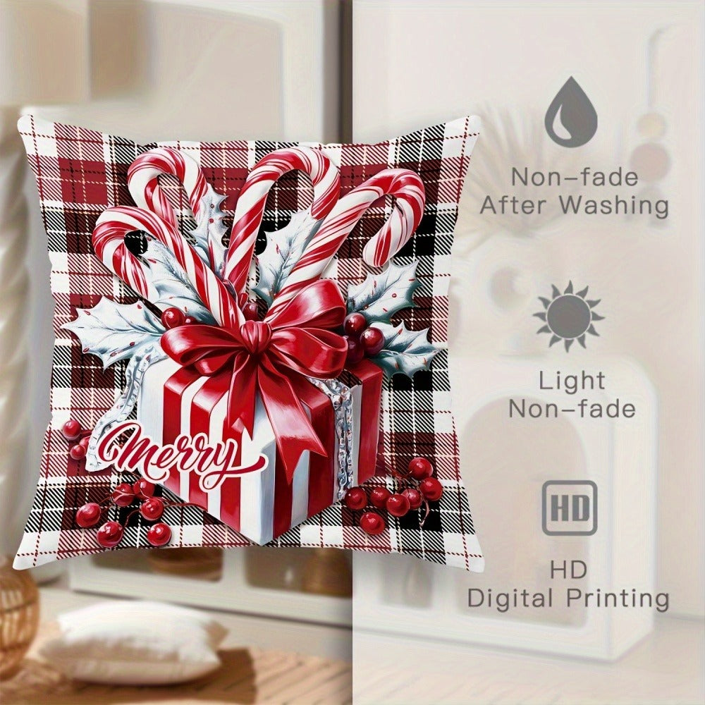 Christmas Throw Pillow Covers 4pcs Set - Snowman Candy Cane Buffalo Plaid Polyester 18x18in Decorative Cushion Covers with Zipper for Holiday Winter Living Room Bedroom Sofa Bed Decor