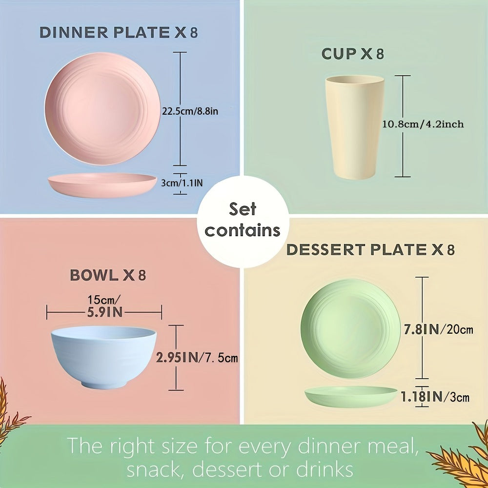 32pcs Wheat Straw Dinnerware Set for 8 - Unbreakable Plastic Plates Bowls Cups Set, Lightweight BPA-Free PP Tableware for Picnic Camping Outdoor, Modern Round Dishware for Home Parties Holiday