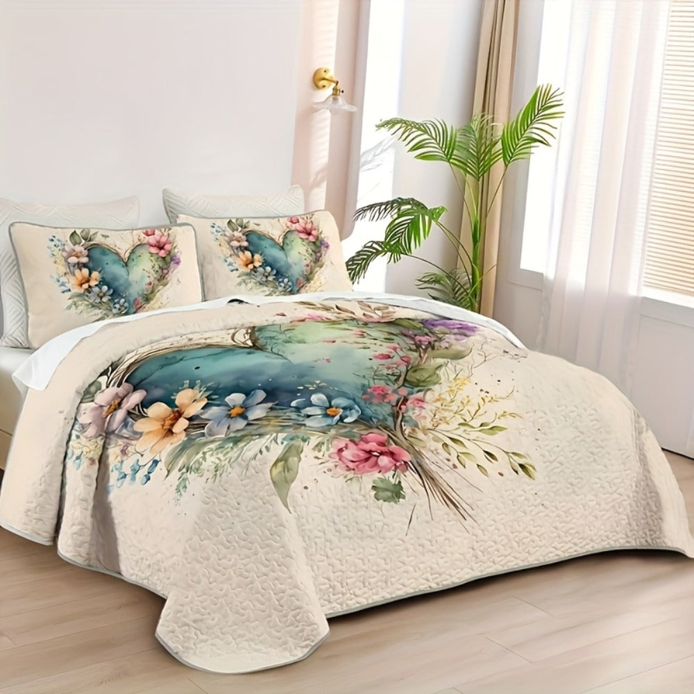 Floral Watercolor Quilt Set ¨C Heart Botanical Print, Soft Breathable Hypoallergenic Bedspread, Twin Full Queen King, All Seasons ¨C Romantic Bedroom Decor