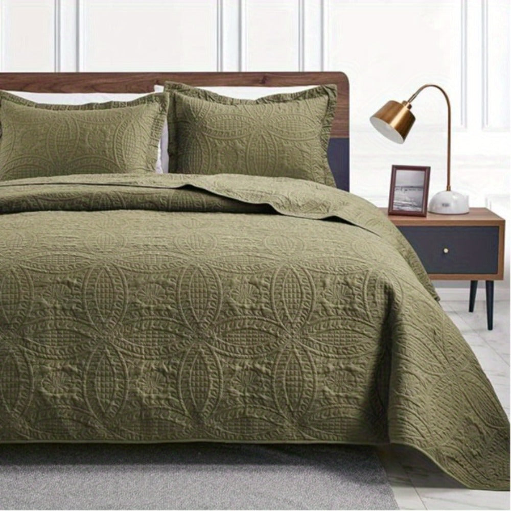 Quilt Set 3 Piece Lightweight Microfiber Bedspread with Pillow Shams - Coin Pattern Coverlet All Season Soft Bed Quilt Full Queen King Orange White Grey Green Khaki