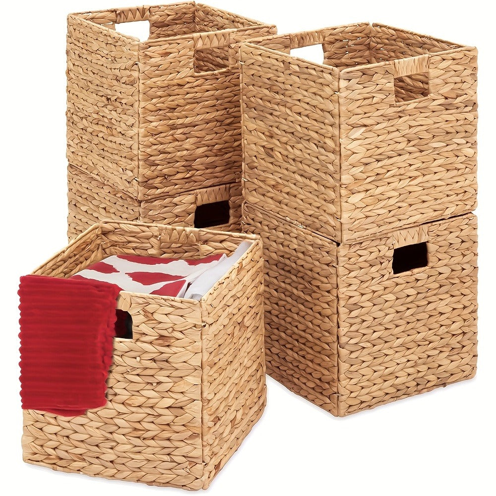 Water Hyacinth Storage Baskets 11in - Handwoven Stackable Cube Baskets for Shelves Closet Laundry, Natural Wicker Organizer Bins