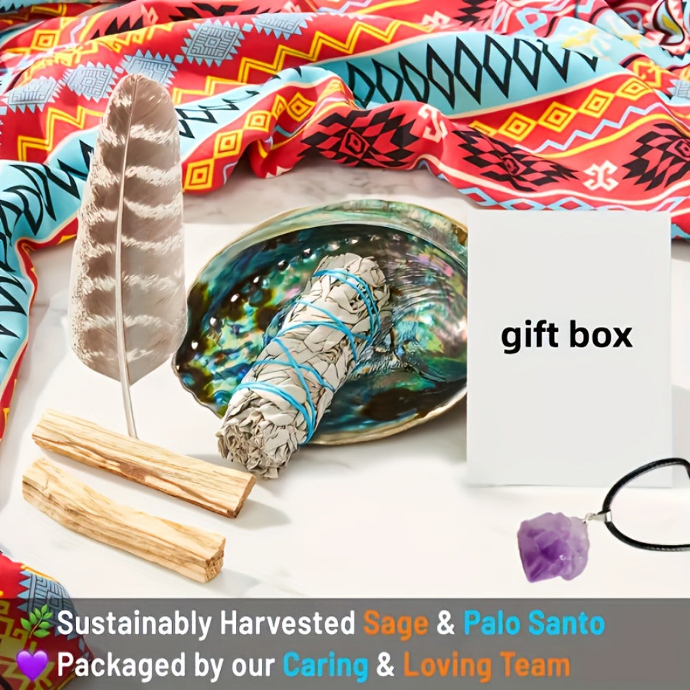 Sage Smudge Kit with Abalone Shell, White Sage Bundle, Holy Wood Palo Santo, Amethyst Crystal Necklace, Home Cleansing Ritual Gift Set