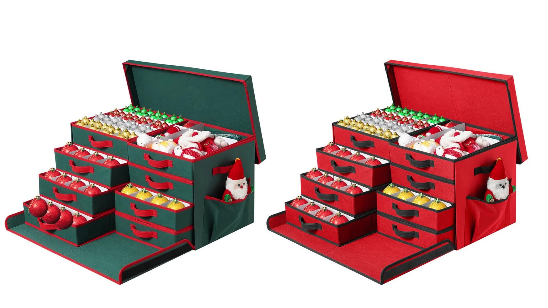 Christmas Ornament Storage Box 128 Slots 8 Trays Stackable Large Capacity Holiday Organizer with Lid Side Open Adjustable Dividers Removable Trays Red Green