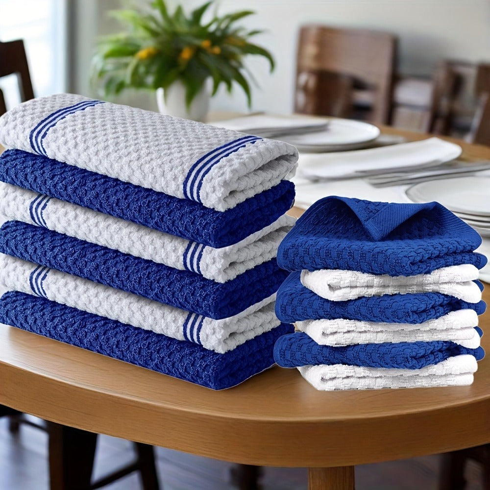 Cotton Kitchen Dish Towel Set 12pcs | 6 Hand Towels 15¡±x25¡± & 6 Wash Towels 12¡±x12¡± | Striped Weave Absorbent Durable Towels for Cooking Cleaning Drying
