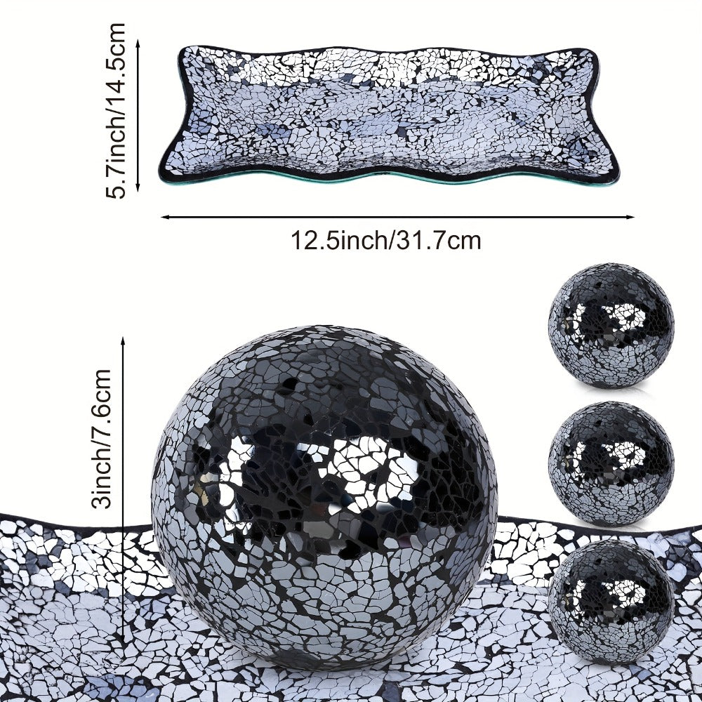 Decorative Glass Balls for Bowls 3 Inch Set of 3 with Glass Tray, Bowl Fillers Centerpiece Table Decorations for Home Decor Living Room Dining Coffee Table, Silver Black Gold Green