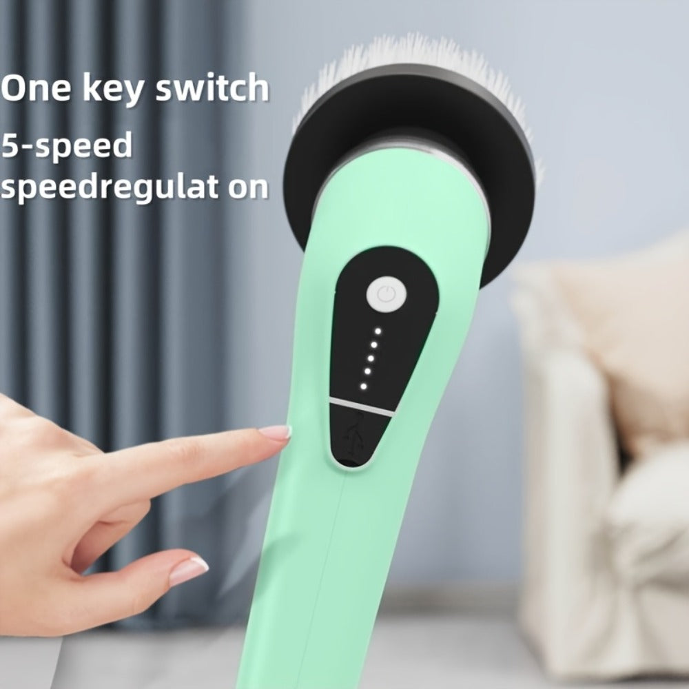 Electric Spin Scrubber with 9 Interchangeable Brush Heads 5 Speed Settings & 3 Extendable Handles - Power Scrubber for Bathroom Kitchen Tile Floor Carpet, Cordless Rotary Cleaning Brush Green White