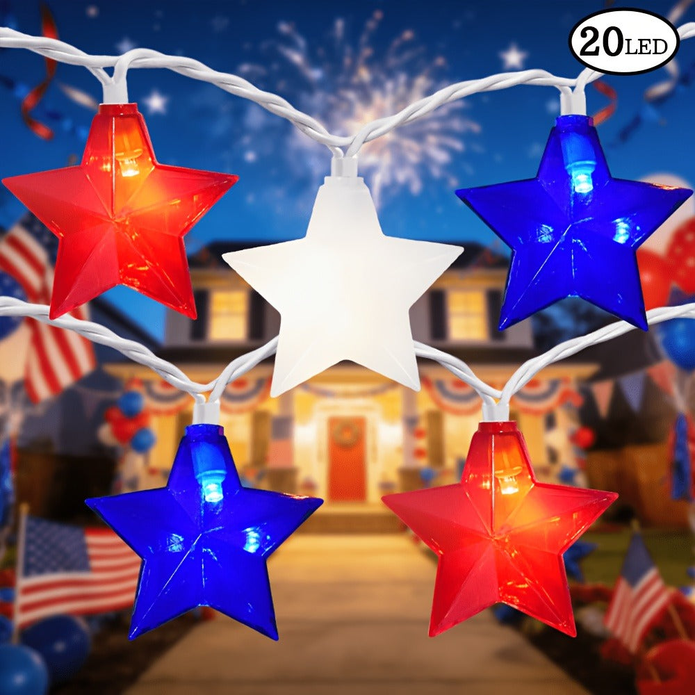 Patriotic Star String Lights July 4th Red White Blue LED Plug-In Indoor Outdoor Decor 8.5FT 12FT Memorial Day Independence Day Party Decoration