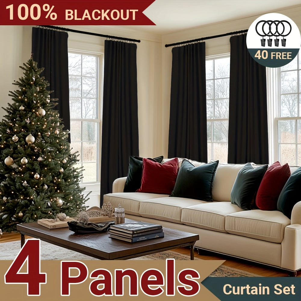 100% Blackout Curtains 4 Panels Faux Linen Textured Thermal Insulated Drapes - Room Darkening Window Curtains for Living Room Bedroom, Clip Rings & Rod Pocket, Energy Efficient Home Decor 50W x 84-120L