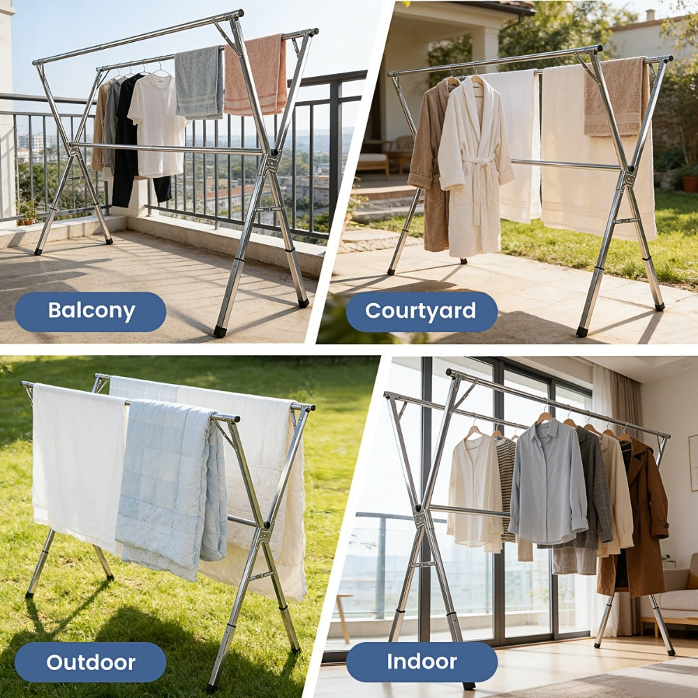 Clothes Drying Rack Foldable Heavy Duty - Upgraded X-Frame Collapsible Laundry Drying Rack for Indoor Outdoor Use, Adjustable Metal Clothesline Stand for Clothes, Blankets, Bedding, Sweaters
