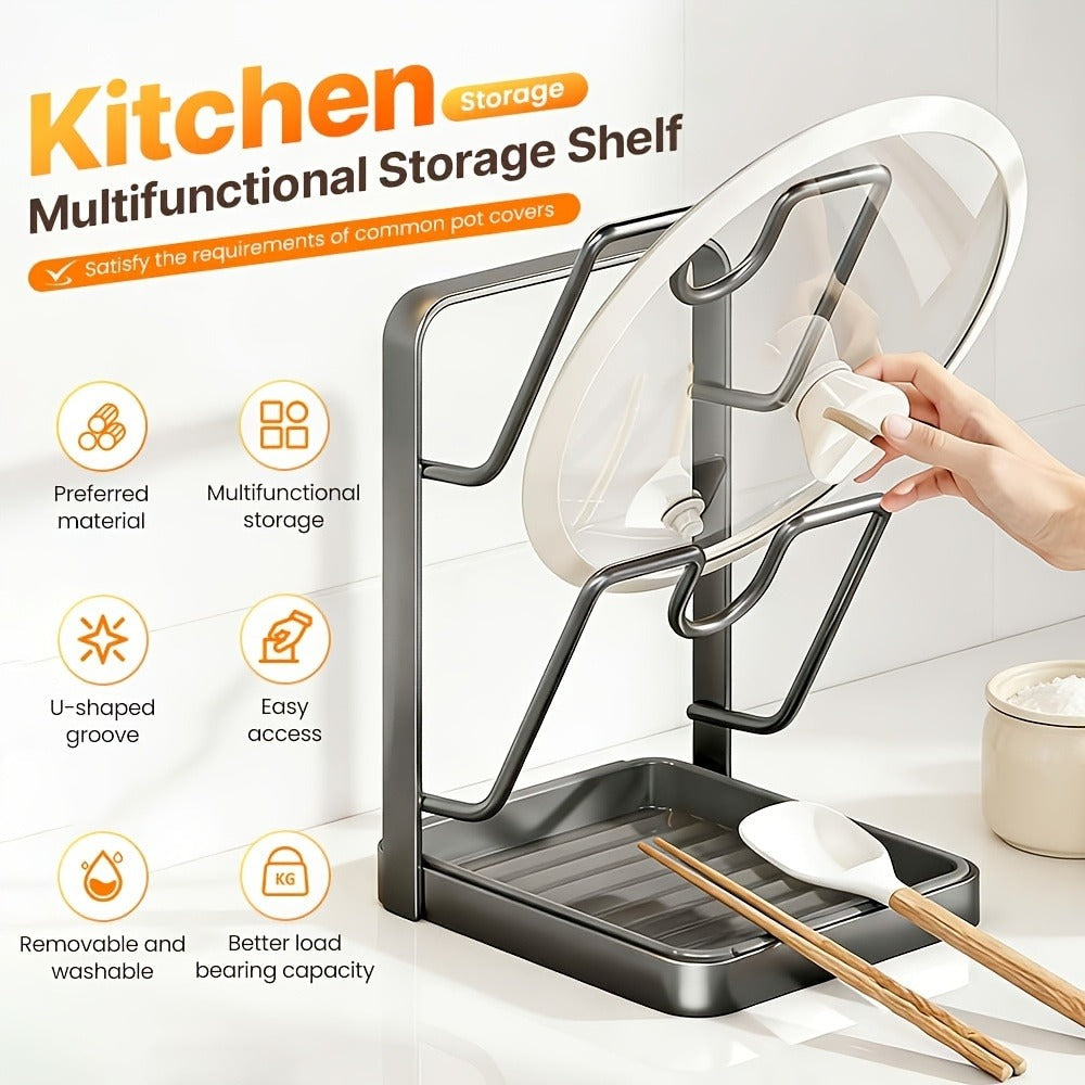 Pot Lid Holder for Stove Top, 304 Stainless Steel Double-Layer Pot Lid Organizer with Removable Drip Tray, Multifunctional Kitchen Rack for Spatulas Ladles Large Lids, Countertop Storage, Black