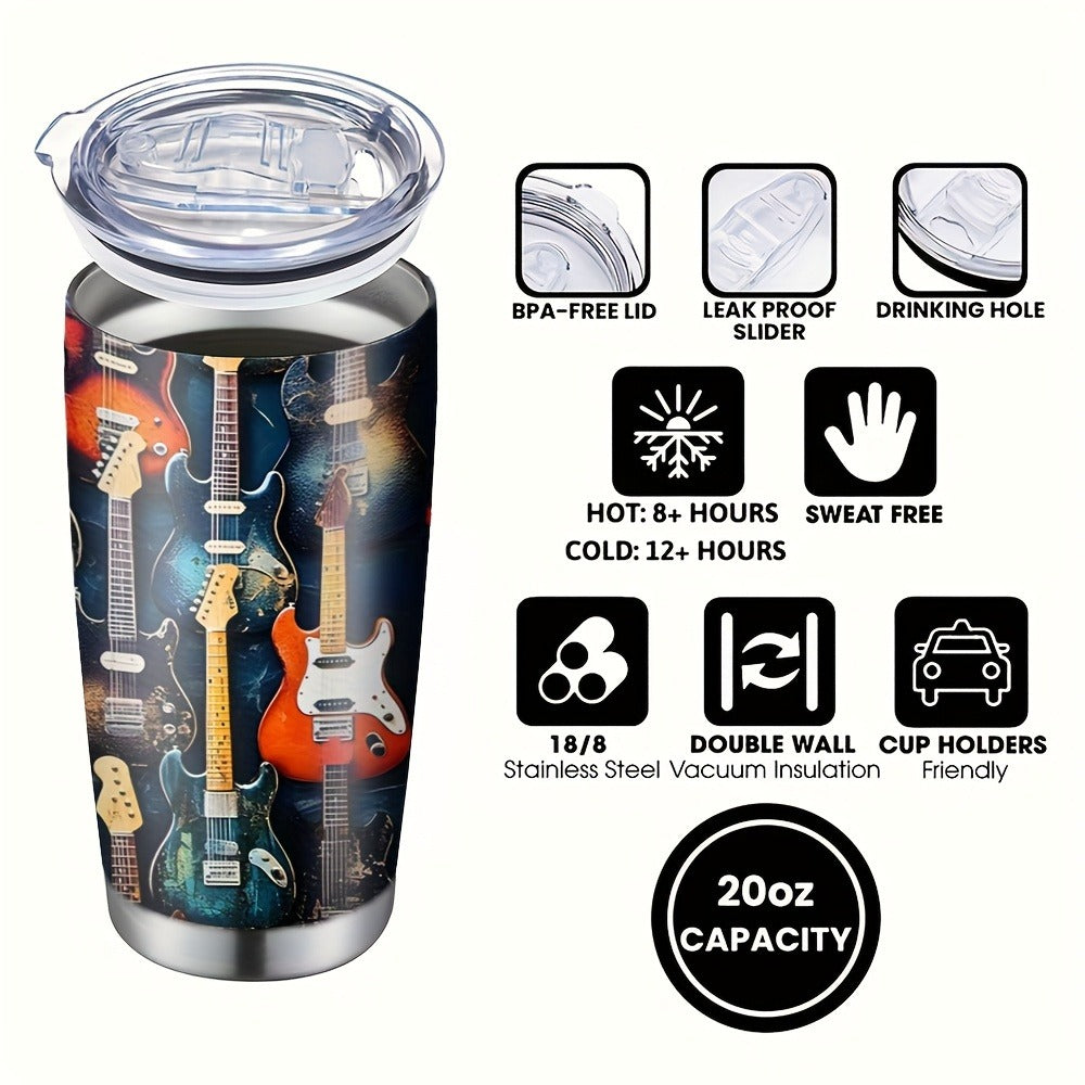 Insulated Tumbler 20oz Guitar Pattern Stainless Steel Travel Mug with Lid and Straw Double Wall Vacuum Coffee Cup Water Bottle for Hot Cold Drinks Gift for Music Lover Birthday Graduation Valentine White
