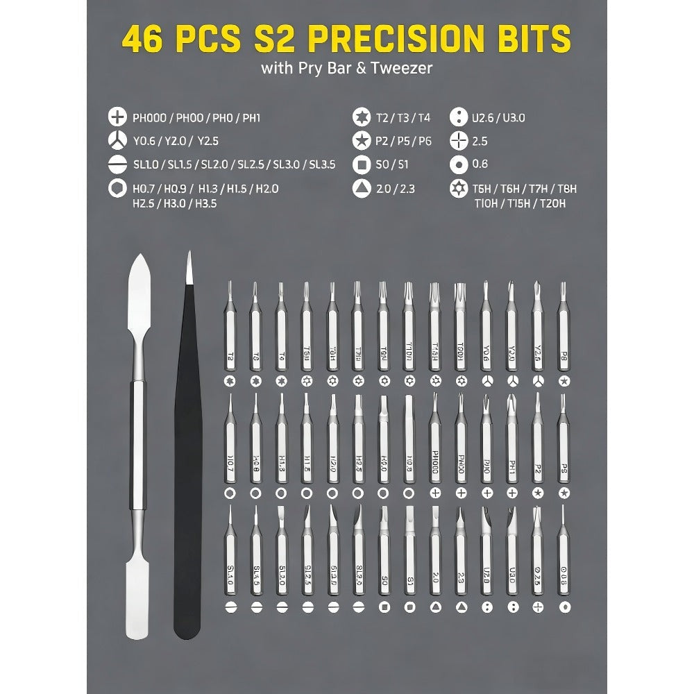Precision Screwdriver Set 46-in-1, Magnetic Mini Professional Repair Tool Kit with CR-V Steel Phillips Slotted Torx Hex Y-Type Bits for Phone, Laptop, Watch, Game Console, Tablet & Electronics Repair