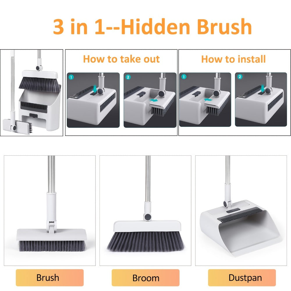 Foldable Broom and Dustpan Set with Long Handle 2-in-1 3-in-1 4-in-1 Floor Brush Combo for Home Office Dorm Room Indoor Outdoor Cleaning