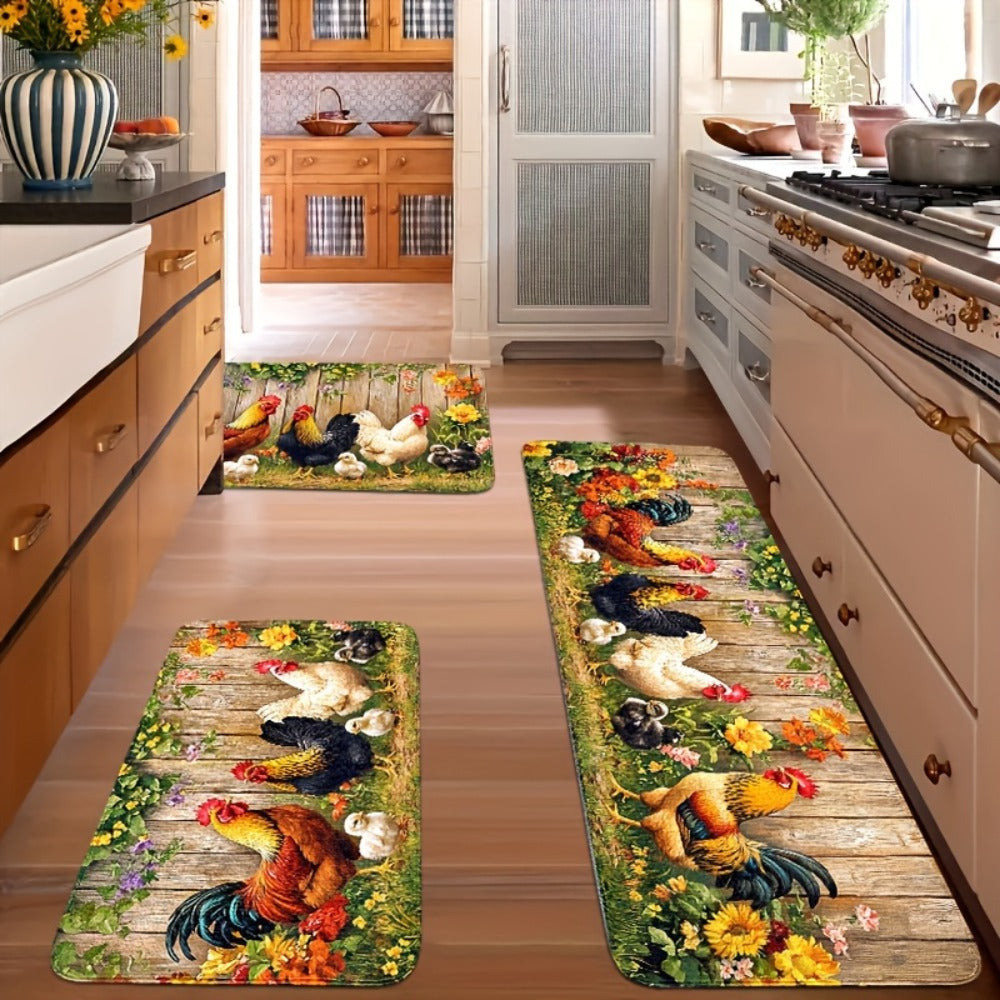 Rooster Kitchen Rugs Set 1/2/3/4pcs Vintage Farmhouse Anti-Slip Floor Mats for Kitchen Bedroom Bathroom Living Room Laundry Room Entrance