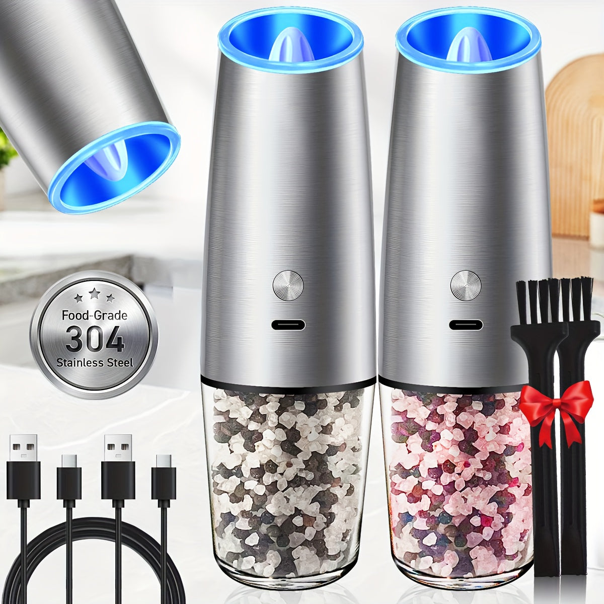 2pcs USB Rechargeable Electric Salt and Pepper Grinder Set with LED Light & Adjustable Coarseness, One-Hand Operation