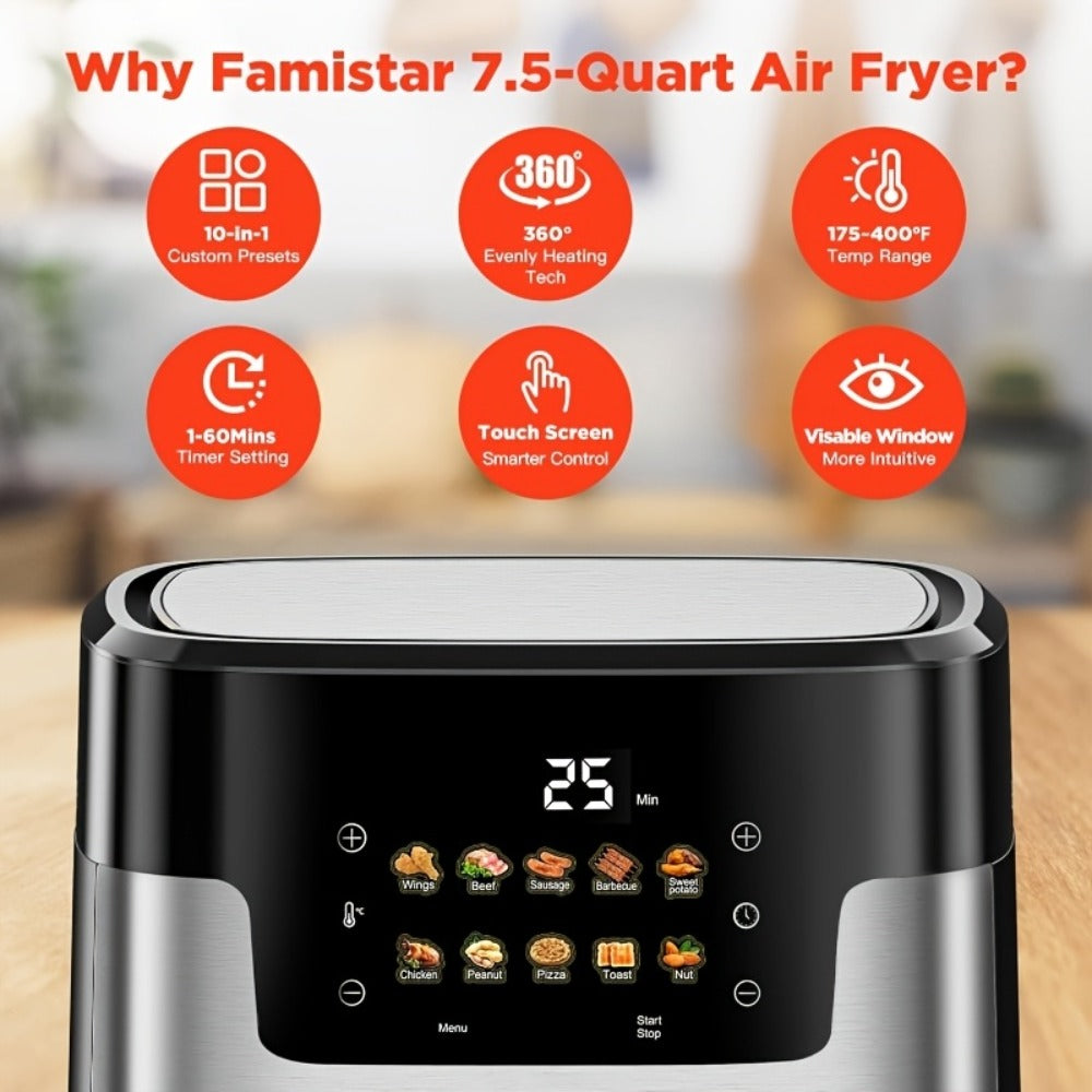 Air Fryer 7.5QT 10-in-1 Digital LED Touchscreen | Oilless Cooker with 10 Preset Cooking Modes, Dishwasher-Safe Basket & 100 Paper Liners Included ¨C Large Capacity Family Air Fryer