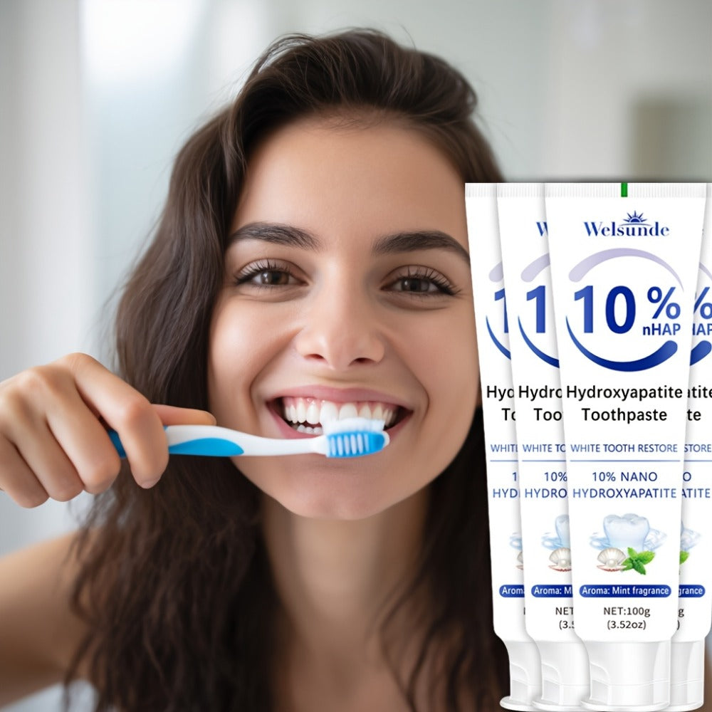 Hydroxyapatite Toothpaste 4-Pack ¨C 10% Nano Formula with Baking Soda, Deep Cleaning & Whitening Gel, Mint Fresh Breath, Fluoride-Free Daily Oral Care for Everyone, Home & Travel Sleek Tube Design (400g)