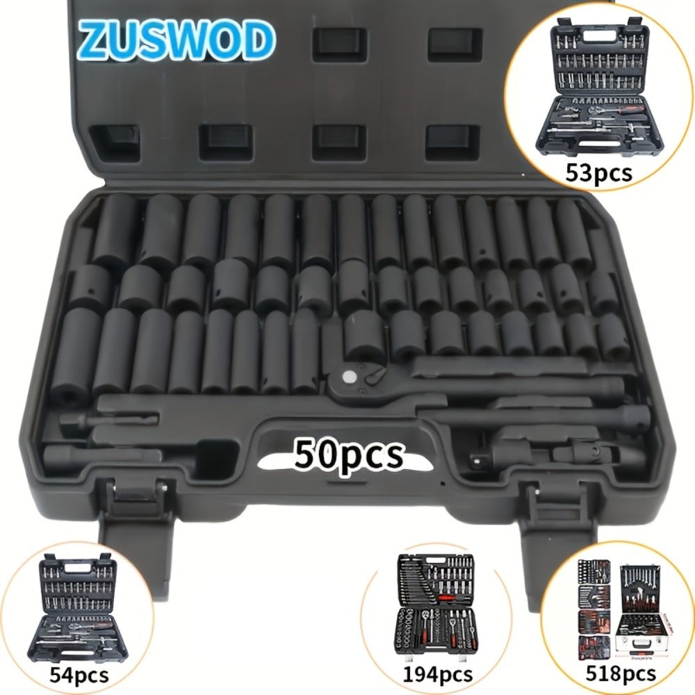 Impact Socket Set 53/54/194/518PCS ¨C 3/8¡± Drive CR-V Steel | Metric 8-22mm & Imperial 5/16¡±-3/4¡± | Complete Socket Kit for Car Repair, DIY & Mechanics | Best Gift for Men