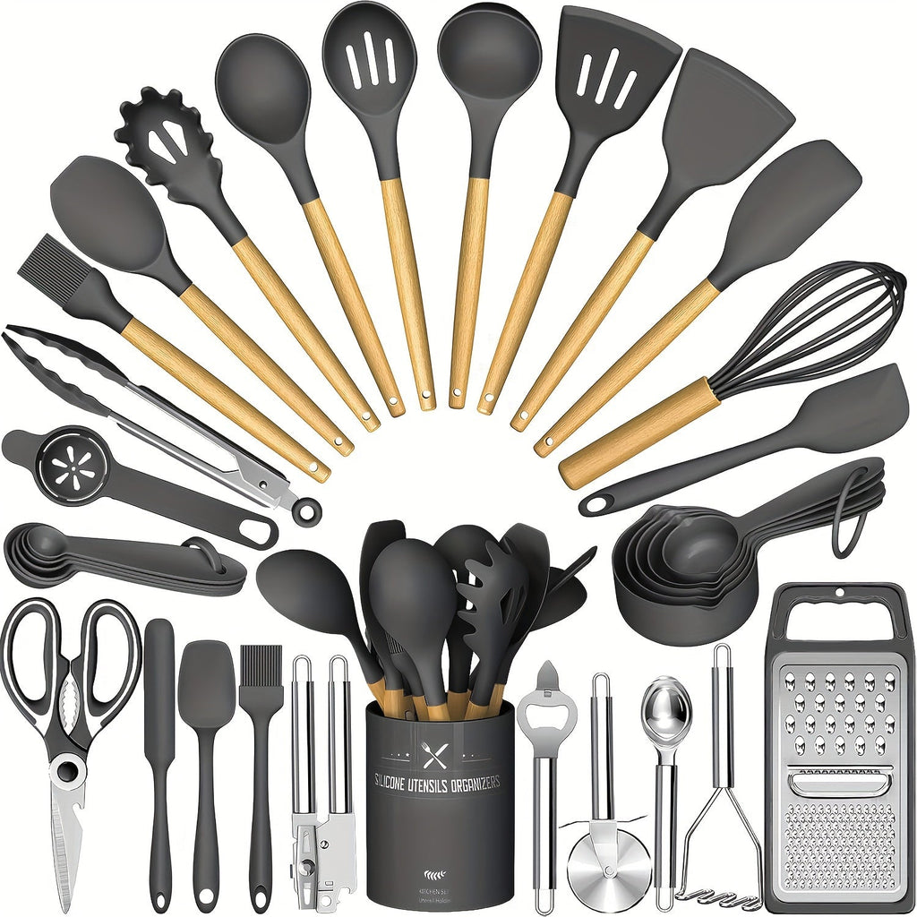 Silicone Kitchen Utensils Set 34-Piece with Holder ¨C Heat Resistant Cooking Spatula Tools for Nonstick Cookware | Wooden Handle Kitchen Gadgets | Father's Day & Housewarming Gift