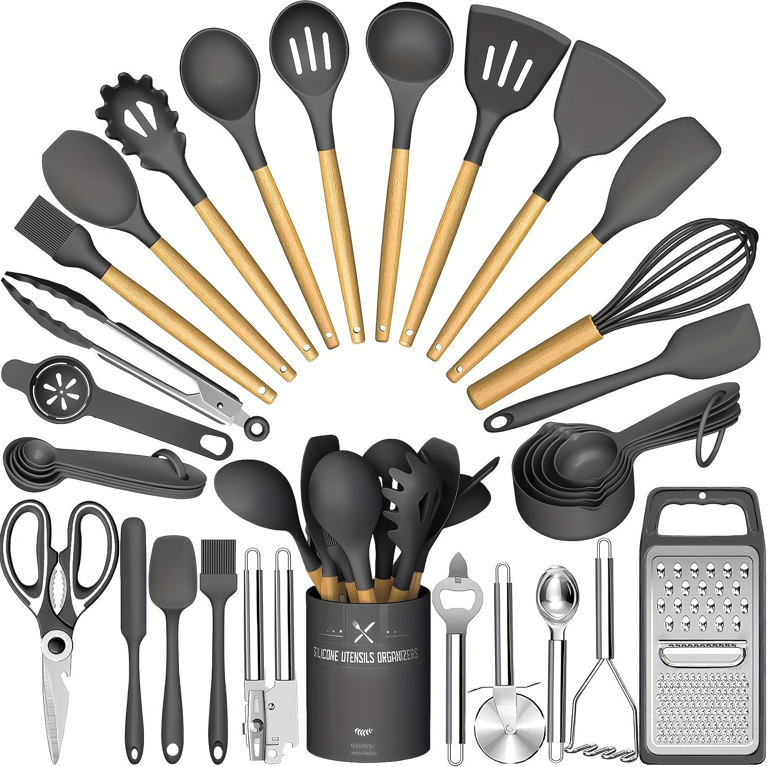 Silicone Kitchen Utensils Set 34-Piece with Holder ¨C Heat Resistant Cooking Spatula Tools for Nonstick Cookware | Wooden Handle Kitchen Gadgets | Father's Day & Housewarming Gift