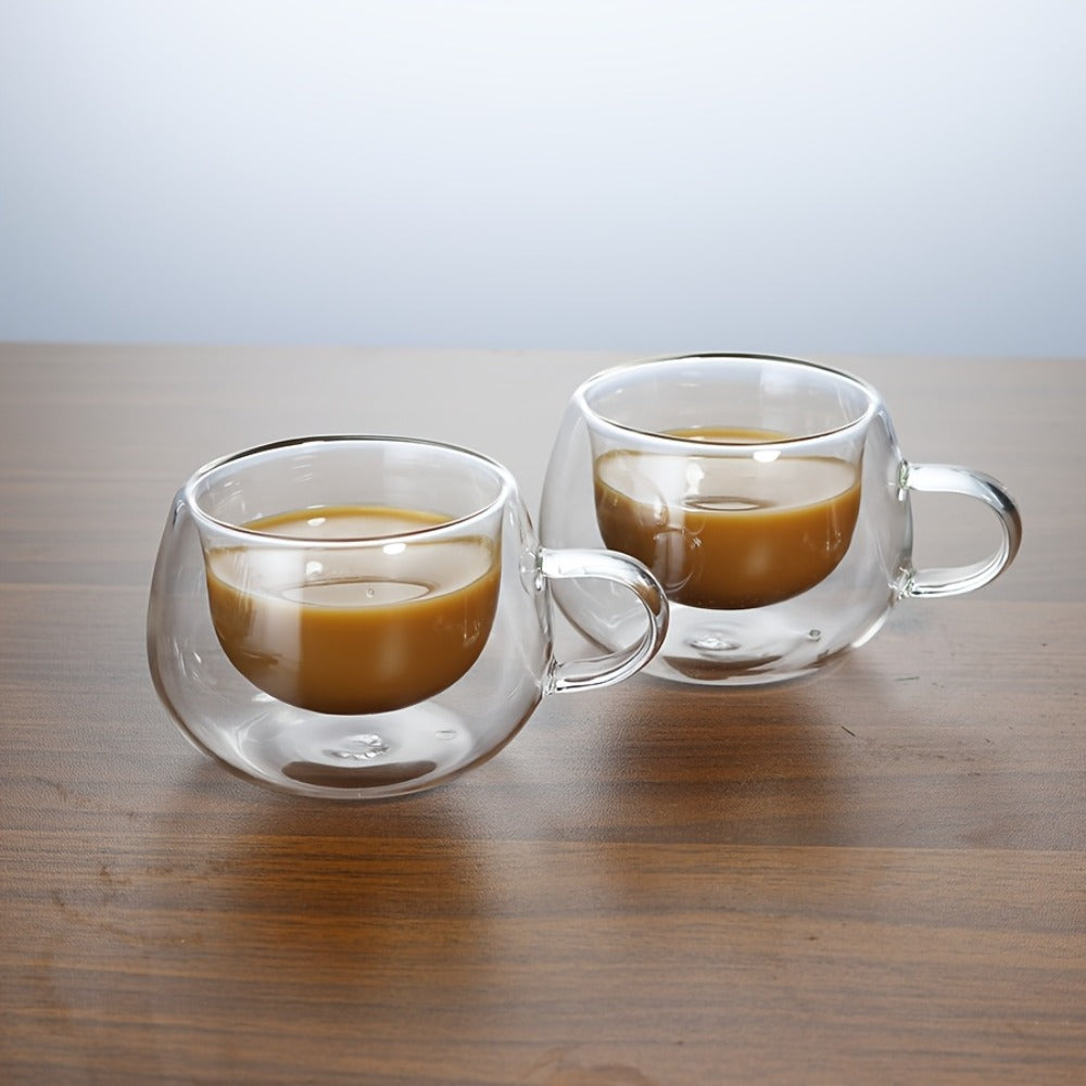 Double Wall Glass Coffee Cups with Handle Insulated Transparent Borosilicate Espresso Cappuccino Latte Tea Cups Set - Clear Heat Resistant Beverage Glasses for Hot & Cold Drinks