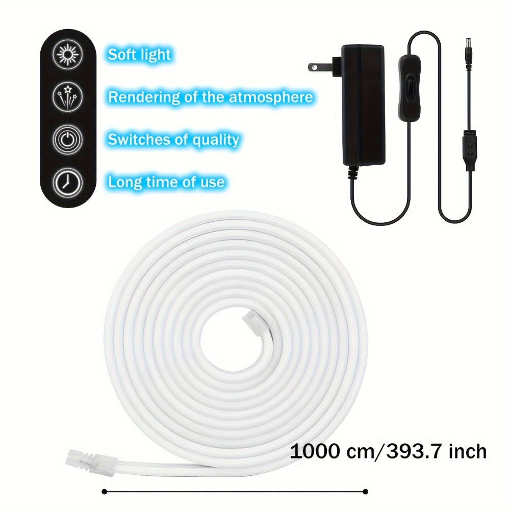 Neon LED Strip Lights 10m 32.8ft IP65 Waterproof with Power Adapter, 24V Flexible Neon Light Strip in White, Warm White, Ice Blue & Pink, for Bedroom, Living Room, Kitchen, Staircase, Indoor & Outdoor Decor