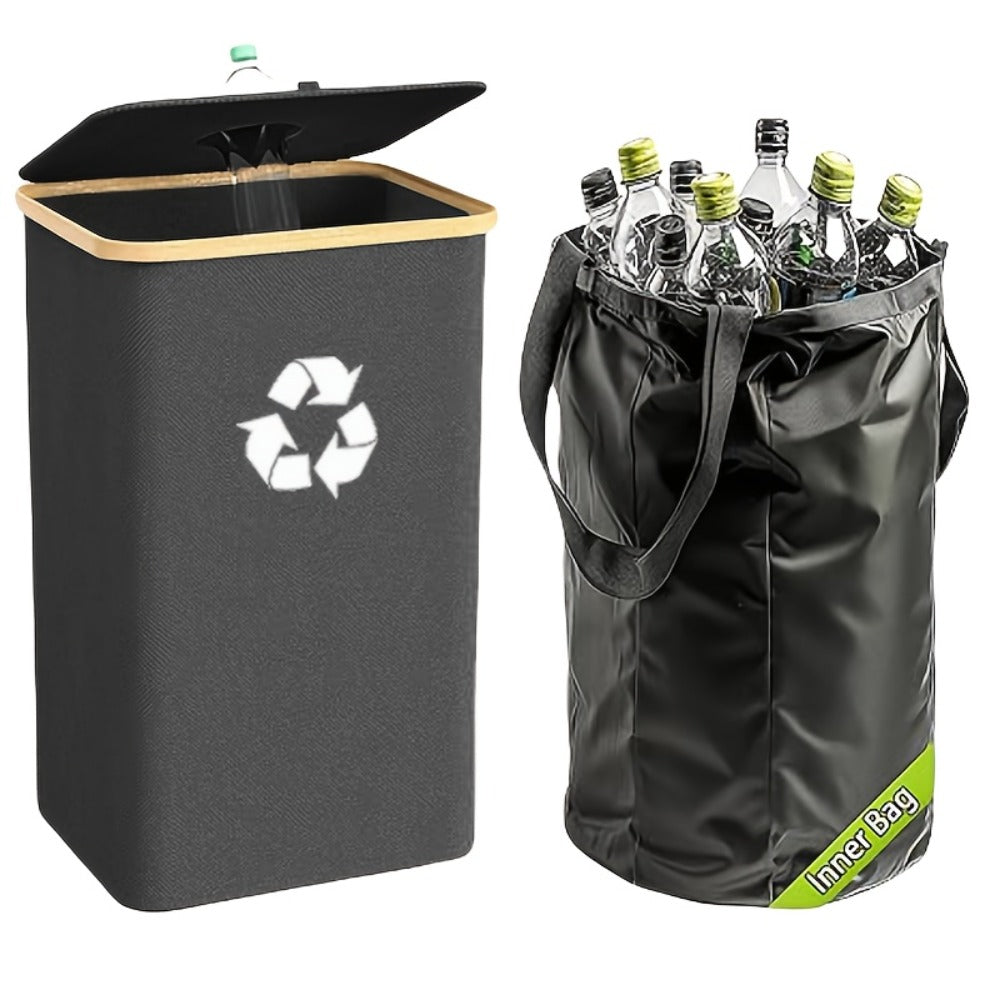 Recycling Bin 26 Gallon 100L with Lid & Removable Inner Bag, Large Collapsible Trash Can for Bottles Cans Glass & Plastic Waste, Open-Top Foldable Recycle Bin for Kitchen Garage & Outdoor Use