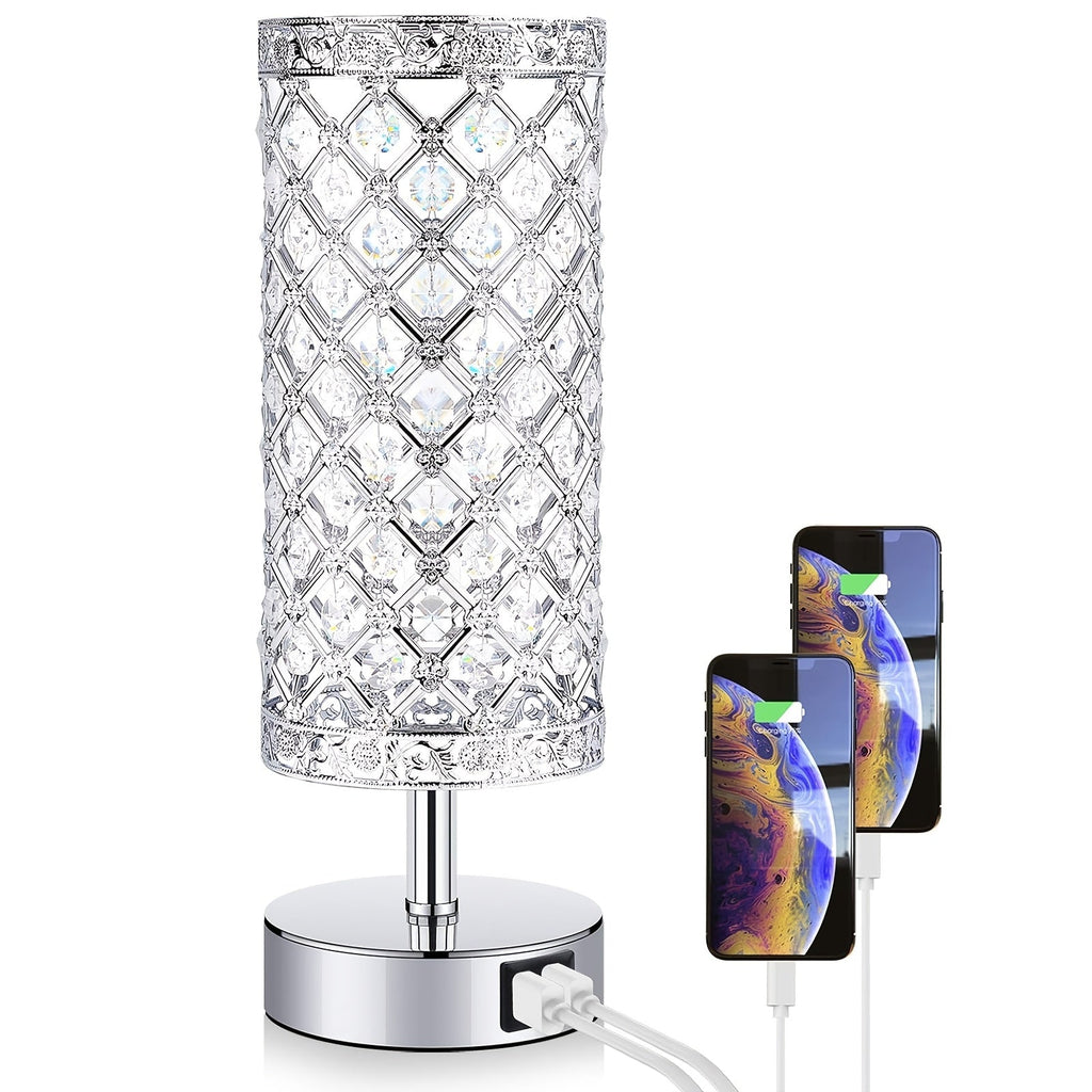 Crystal Bedside Table Lamp with Touch Control & 2 USB Charging Ports, 3-Way Dimmable Nightstand Lamp with Decorative Crystal Base, LED Bulb Included, for Bedroom Living Room Office