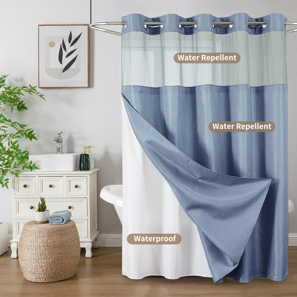Waffle Shower Curtain with Liner Set Hookless Snap-In Double Layer Polyester Fabric Waterproof Easy Clean for Bathroom Hotel Home Decor