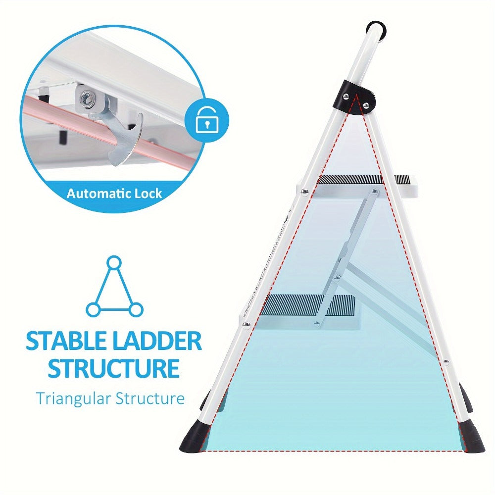 2 Step Ladder Foldable Heavy Duty Steel, Non-Slip Wide Pedal Step Stool with Safety Handle, Lightweight Portable Folding Step Ladder for Home Kitchen Bathroom Garage, 250lb Capacity, White & Red
