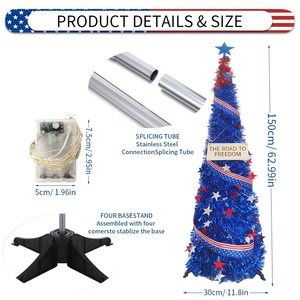 4th of July Decorative Tree 5ft LED Light, Foldable Patriotic Stars & Stripes Blue Christmas Tree with Red White Blue LED String Lights, Independence Day Party Decoration & Summer Gift