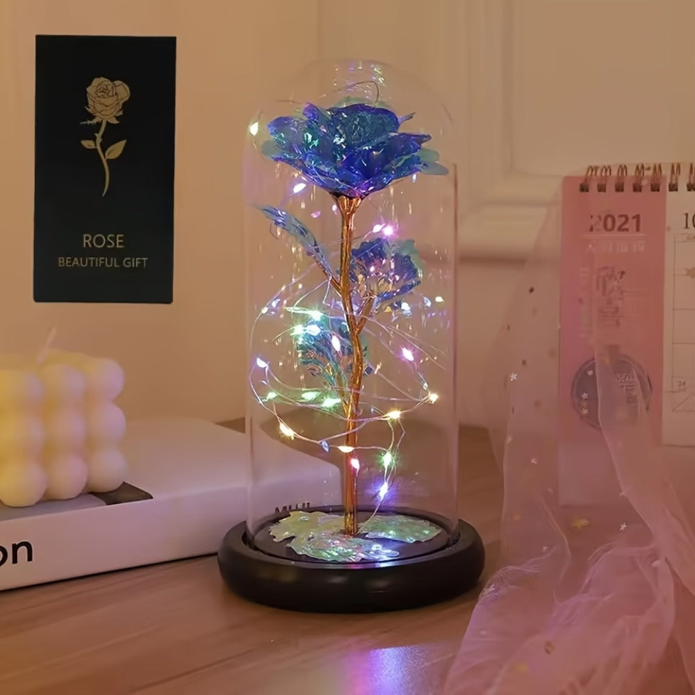 LED Rose Flower in Glass Dome, Eternal Foil Rose with LED Light, Romantic Valentine's Day Gift for Girlfriend, Mother's Day Wedding Bridesmaid Desktop Decoration, Battery Powered