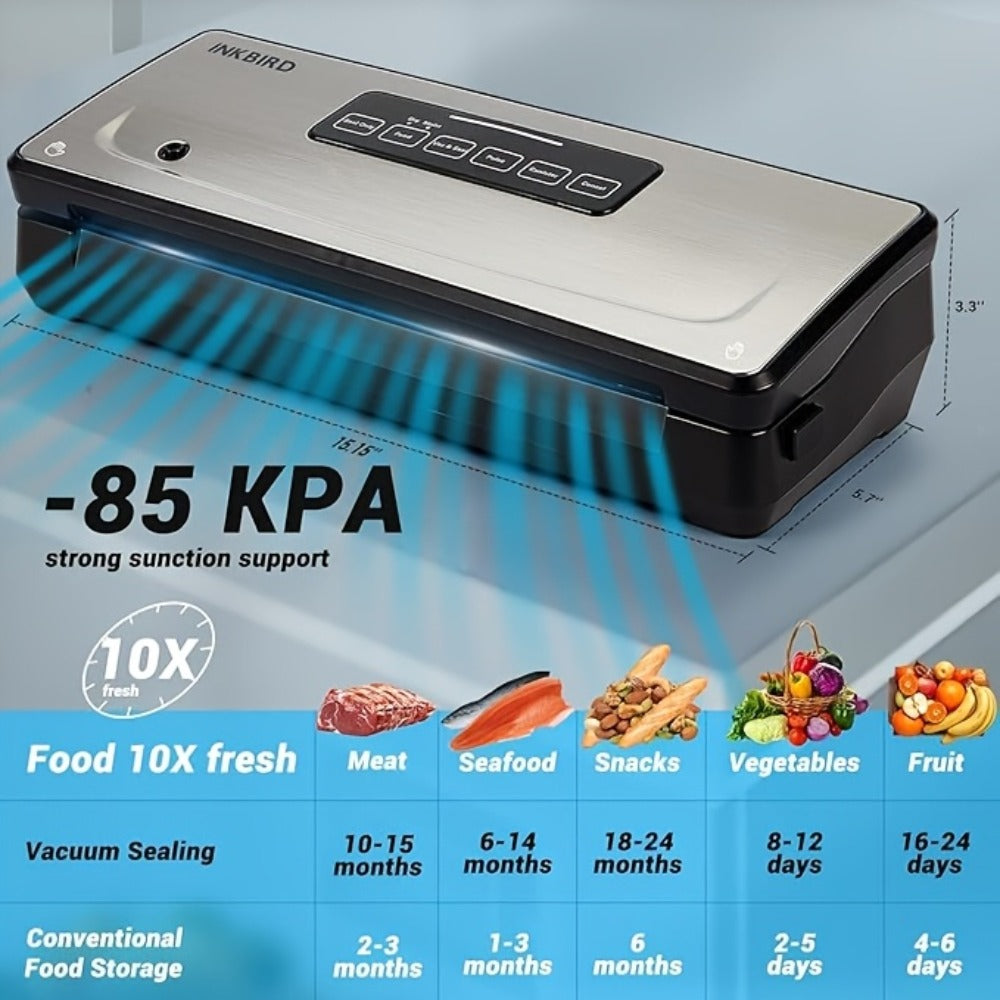 Vacuum Sealer Machine 85KPA ¨C INKBIRD 10-in-1 Food Sealer with Bag Storage, Built-In Cutter, Moist/Dry/Pulse/Liquid/Canister Modes, 200 Continuous Seals, Compact Design for Food Preservation & Sous Vide